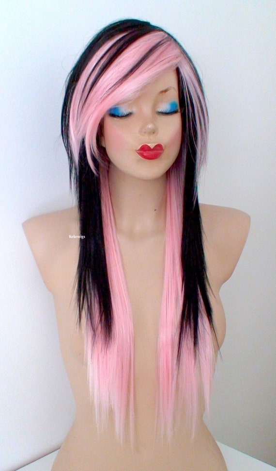Emo Wig. Black Candy Pink Ombre Wig. Scene Wig. 28 Straight Layered Wig  With Side Bangs. Cosplay Wig. - Etsy Sweden