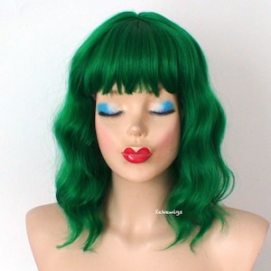 Green wig. 16&quot; Wavy wig with bangs. Heat friendly synthetic hair wig.