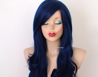 Black Blue wig. 26" Curly hair side bangs wig. Heat friendly synthetic hair wig.