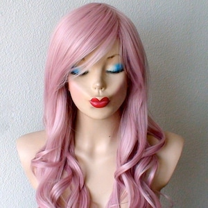 Blush Pink wig. 26" Curly hair side bangs wig. Heat friendly synthetic hair wig.