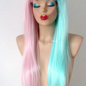 Pastel Pink Mint side by side wig. 28 Straight layered hair with bangs wig. Heat friendly synthetic hair wig. image 6