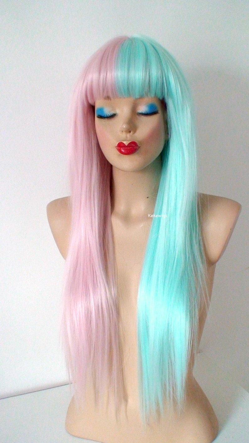 Pastel Pink Mint side by side wig. 28 Straight layered hair with bangs wig. Heat friendly synthetic hair wig. image 6