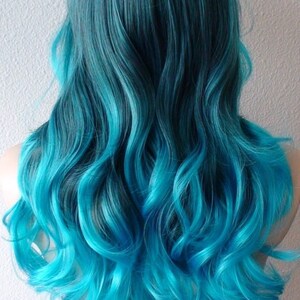 Teal Blue Ombre wig. 26 Curly hair side bangs wig. Heat friendly synthetic hair wig. image 5