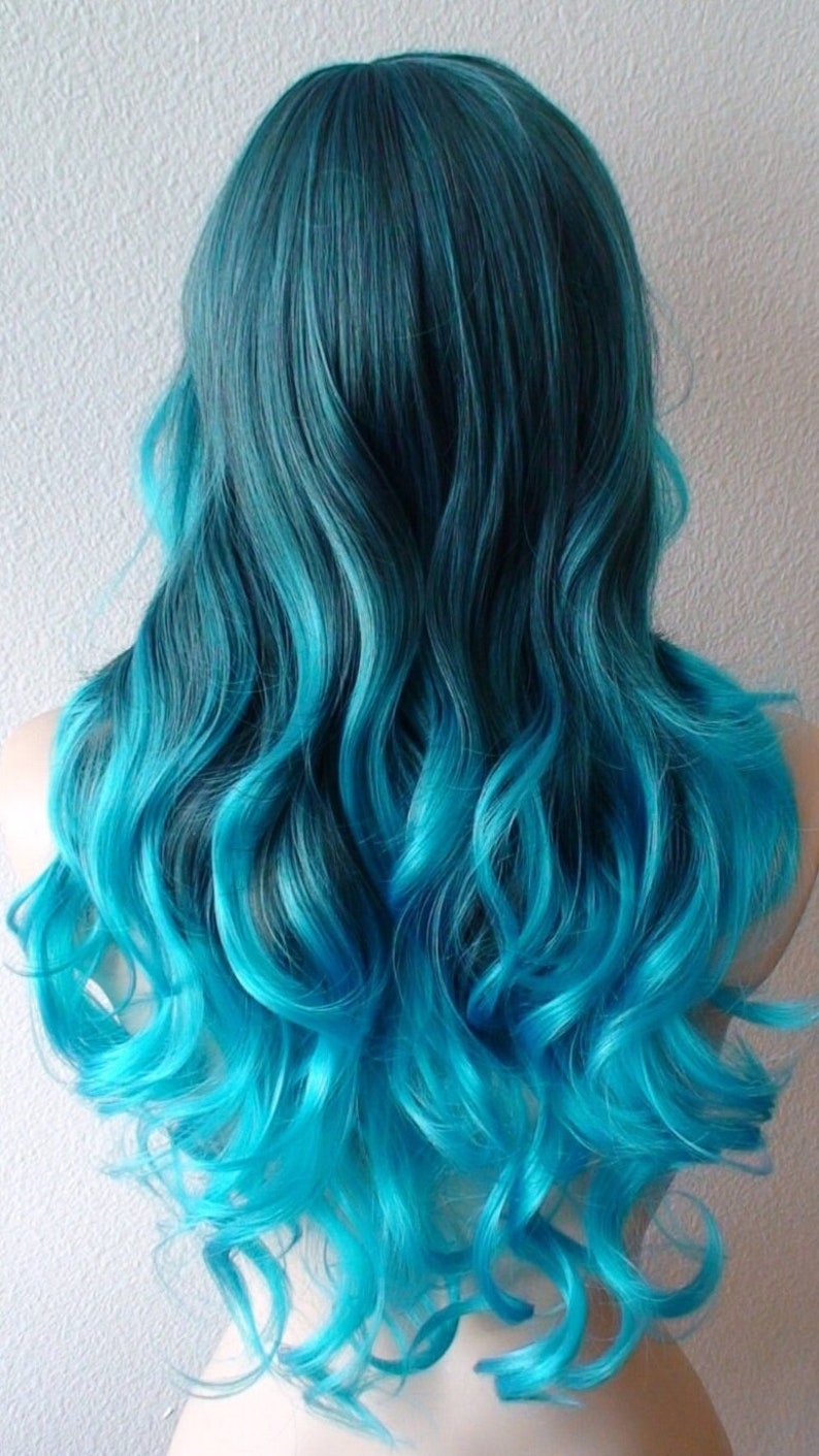 Teal Blue Ombre wig. 26 Curly hair side bangs wig. Heat friendly synthetic hair wig. image 5