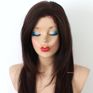 Auburn Ombre wig. 26&quot; Straight layered hair side bangs wig. Heat friendly synthetic hair wig.