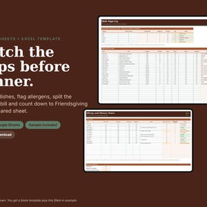 Organizzatore di pranzi condivisi tra amici (Friendsgiving) con Fogli Google ed Excel, Foglio di calcolo per l'iscrizione ai pranzi condivisi, Monitoraggio dei piatti del Ringraziamento, Monitoraggio delle allergie