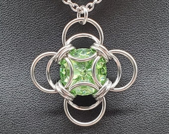 MorningStar Chainmaille Necklace Peridot Swarovski August Birthstone