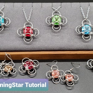 May include: A set of six jewellery pieces featuring a flower design with a central gemstone. The set includes three necklaces with different coloured gemstones and three pairs of earrings with matching gemstones. The necklaces have silver chains and the earrings have silver hooks. The gemstones are turquoise, green, red, pink, and orange.