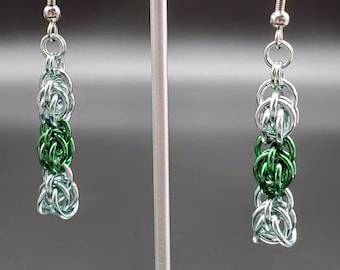 Dangly Chainmaille Earrings, Sea Foam and Green Earrings, Fieldstone Earrings