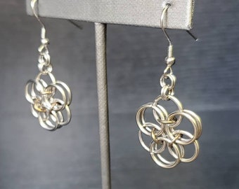 Daisy Chainmaille Earrings in Stainless Steel and Chestnut Brown Niobium, Floral Earrings, Matched set