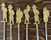 Vintage Turkish Shish Kebab Skewers, Set of 6 Brass Ottoman Soldier Figures, Flat Stainless Steel BBQ Grill Swords Mid Century Barware
