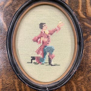 Vintage Oval Framed Needlepoint Victorian Lord Man Kneeling