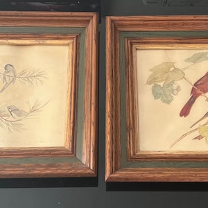 Puede incluir: Dos pinturas de acuarela enmarcadas de pájaros. La pintura de la izquierda presenta un grupo de pájaros pequeños en una rama de pino. La pintura de la derecha presenta dos cardenales rojos en una rama con hojas verdes. Ambas pinturas tienen un marco de madera marrón con un borde interior verde.