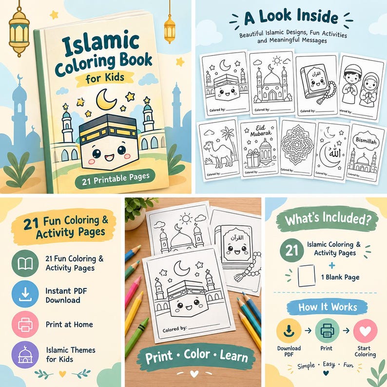 Mosque Colorful Printable Islamic Coloring Book for Kids, Muslim Children Printable Activity ...