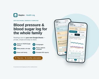 Blood Pressure Log App & Blood Sugar Tracker for the Family, Google Sheets BP Tracker, Printable PDF Report, Diabetes Log, No Subscription