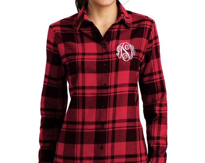 LADIES FIT Flannel. Red and Black Plaid Monogrammed Flannel Etsy