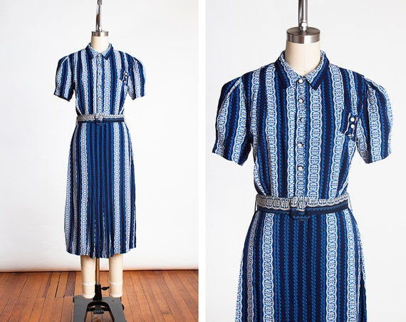 Adorable Vintage 1930s Blue Printed Cotton Day Dre