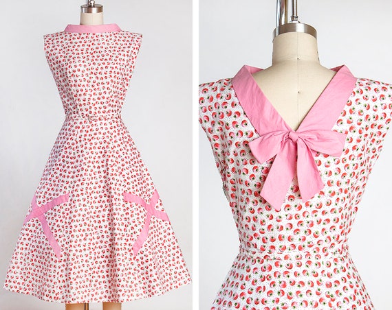 1950s Tomato Novelty Print Cotton Dress with Pink