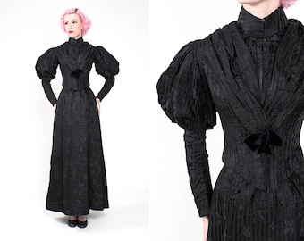 RARE Vintage 1890s Victorian Striped Black Silk Mourning Dress with Acorn Pattern & Gigot Sleeves // Film // Television // Widow's Weeds