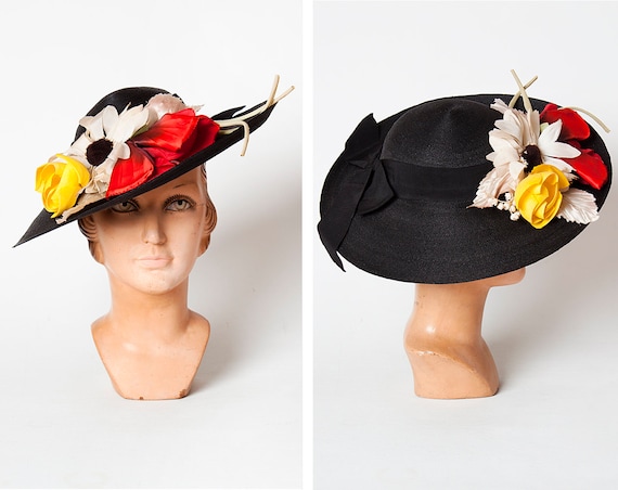 STUNNING Vintage 1940s Black Wide Brim Straw Tilt