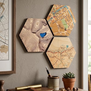 May include: Three hexagonal wooden wall art pieces featuring detailed cartographic designs. One panel displays topographic contour lines with a blue lake inlay, while the other two panels feature printed street maps with text labels and symbols.