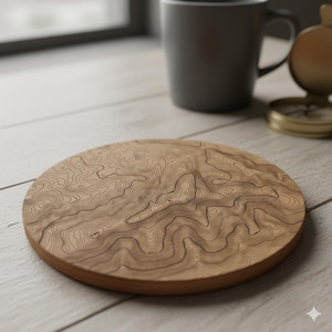 Peut inclure: Un dessous de verre rond en bois avec un motif de carte topographique. Le dessous de verre est brun clair avec des lignes de contour marron foncé. Une tasse grise et une boussole sont en arrière-plan.