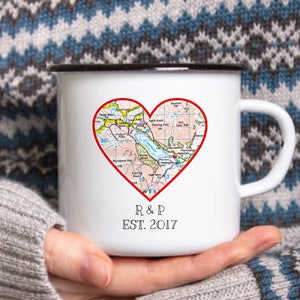 Personalised Anniversary Map Mug, Couple Wedding Gift, Camping Mug, Bespoke Engagement Gift, New Home Gift, Tin Wedding Anniversary.