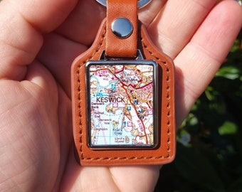 Personalized Leather Map Keyfob: Custom Location Keychain