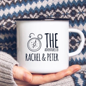 Personalised Couples Camping Enamel Mug, Tin Anniversary, Engagement Gift, Wedding Gift.