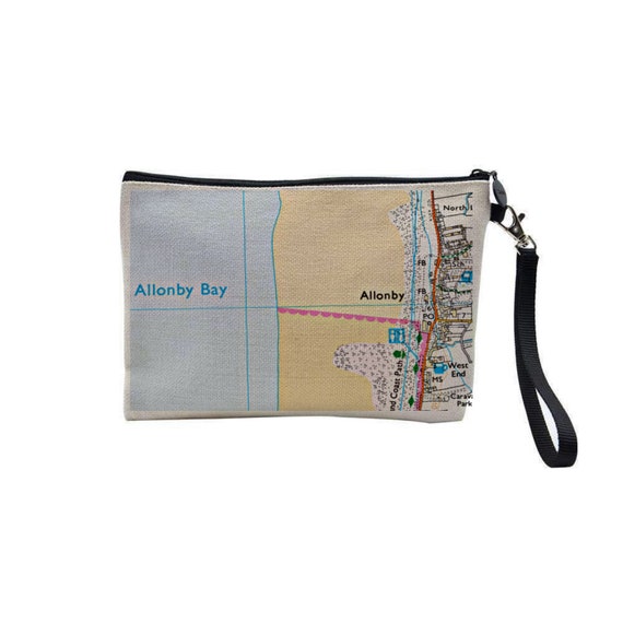 Personalised Linen Look Map Clutch Bag, Make Up Pouch, Travel Bag, Any Location Worldwide, Wedding Anniversary Gift, Hand Printed Gift.