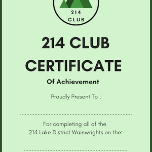214 Club Digital Certificate of Achievement, Lake District Wainwrights Completion Certificate. Wainwright&#39;s Gift.