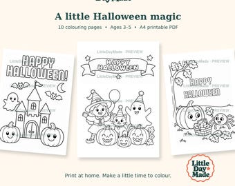 Dibujos para colorear de Halloween para niños de 3 a 5 años, 10 hojas imprimibles tamaño A4.