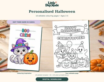 Personalised Halloween Colouring Pages, 10 Editable Canva Designs, A4 & US Letter, Ages 3–5