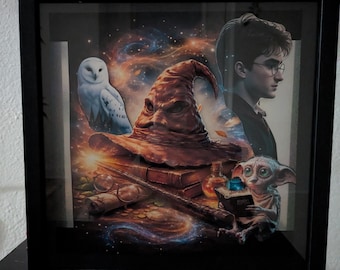 Wizard LED Shadow Box 12x12, Wizard Night Light, Hedwig Sorting Hat Wall Art, Magic Gift