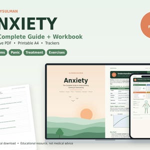 Guida e quaderno di esercizi sull'ansia / PDF interattivo + formato A4 stampabile / Piano per gli attacchi di panico, GAD-7, Fogli di lavoro CBT, Scala della paura, Monitoraggio delle preoccupazioni