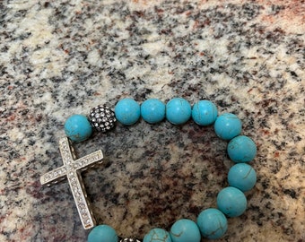 Blue Beaded Rhinestone Cross Bracelet