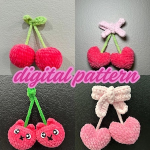 May include: A digital pattern for crocheting cherry ornaments. The pattern includes three variations: a classic cherry, a heart-shaped cherry, and a cherry with a cute face. The cherries are pink and the stems are green.