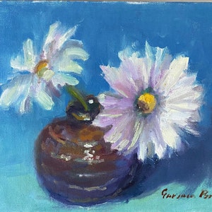 Two Daisies in Pot on Blue Background | Still Life Floral Painting | 6X8&quot; Original Oil Painting | Garima Parakh