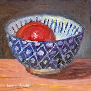 Nectarine in bowl, original still life oil painting fruit food wall art kitchen decor small impressionist study handmade gift