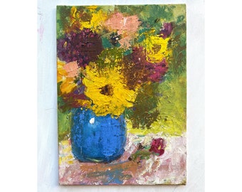 Sunflower Painting Original Floral, Small Flower Artwork , Modern Still Life, 5x7" Oil on Board