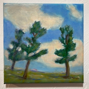 Original Landscape Painting Pine tree, blue sky and clouds, 8x8&quot; Oil,  Impressionist Painting