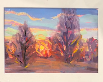Sonnenuntergang mit Bäumen, 5x7 Zoll Gouache-Gemälde auf Papier, leuchtend magentafarbener Sonnenuntergang, Passepartout auf 6x8 Zoll