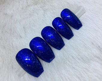 Set von 20 Handbemalten Royal Blue Sparkle Glossy Nägel | • WÄHLEN SIE IHRE FORM • Drücken Sie auf Nägel • Fake Nägel • Falsche Nägel