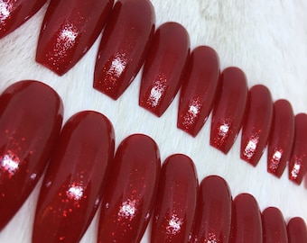 Juego de 20 uñas pintadas a mano con brillo rojo diablo / • ELIGE TU FORMA • uñas postizas • uñas postizas • uñas postizas