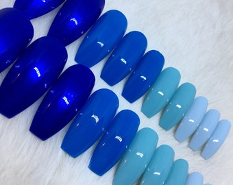 Set von 20 Handbemalten Ozeanblauen Farbverlaufsnägeln | • WÄHLEN SIE IHRE FORM • Drücken Sie auf Nägel • Fake Nägel • Falsche Nägel