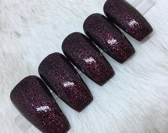 Juego de 20 uñas pintadas a mano con brillo burdeos brillante / • ELIGE TU FORMA • presiona las uñas • uñas postizas • uñas postizas