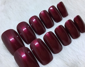 Set of 12 Handpainted Sangria Shimmer Deep Red Glossy Nails | • READY TO SHIP • press on nails • fake nails • false nails