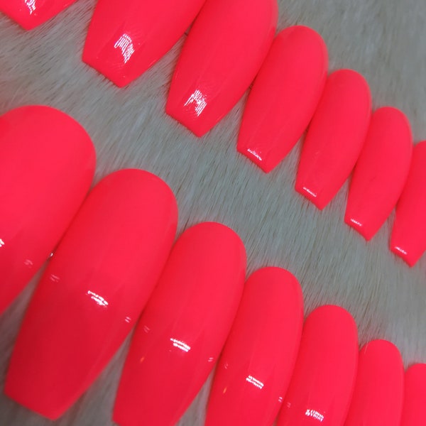 Set of 20 Handpainted Neon Barbie Pink Glossy Nails | • CHOOSE YOUR SHAPE • press on nails • fake nails • false nails