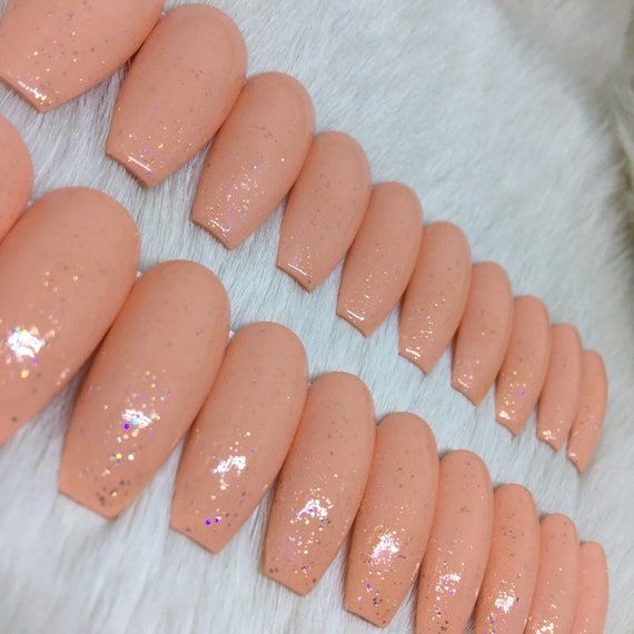 Set Of Handpainted Peachy Glitter Glossy Nails Choose Etsy