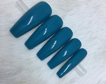 Set of 20 Handpainted Antigua Blue Sparkle Nails | • CHOOSE YOUR SHAPE • press on nails • fake nails • false nails